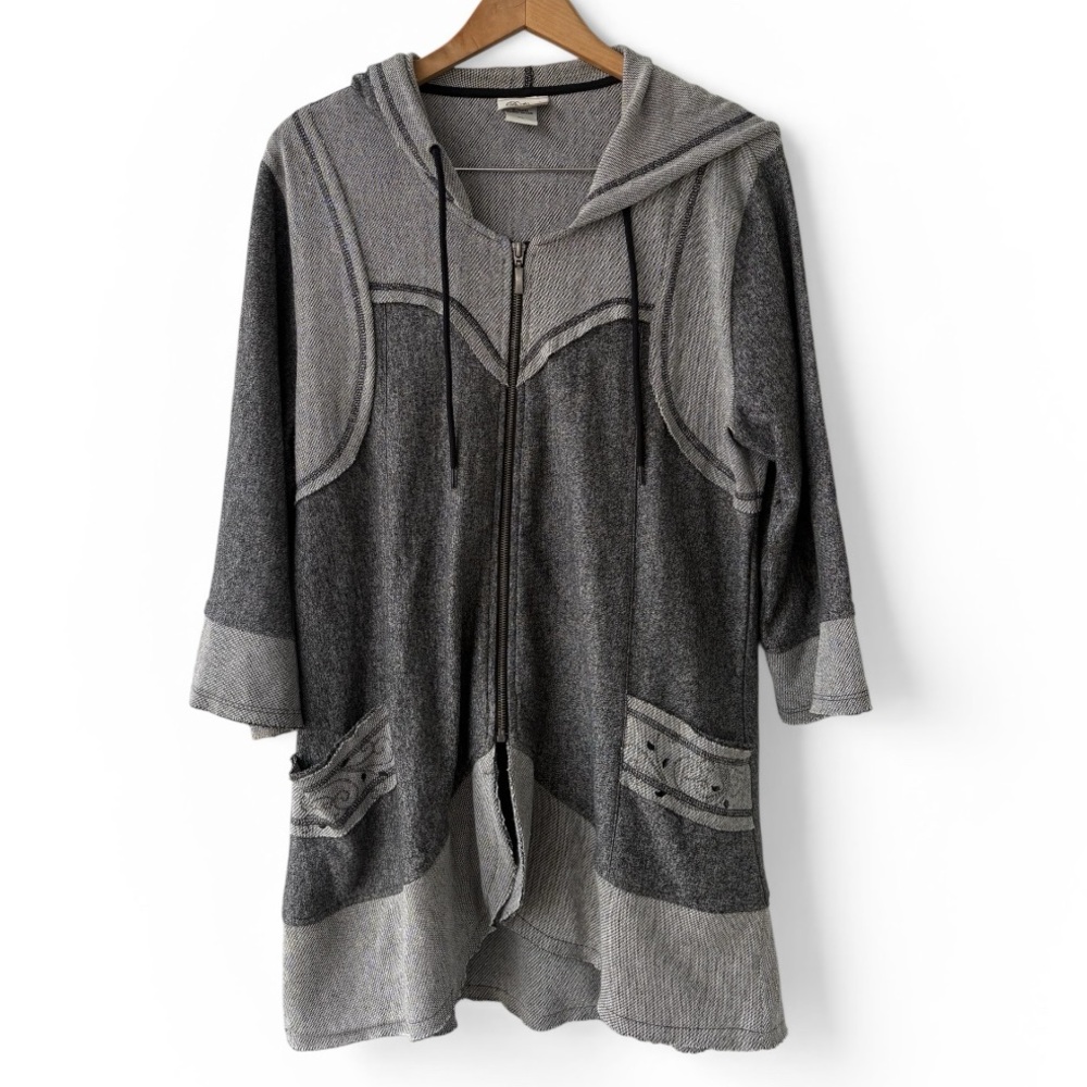 Distinct  Zip Hoodie Tunic Raw Edge Cotton Blend Artsy Lagenlook XL